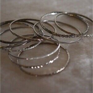 Vintage Classic 10 Stackable Silver Tone Retro Bracelets